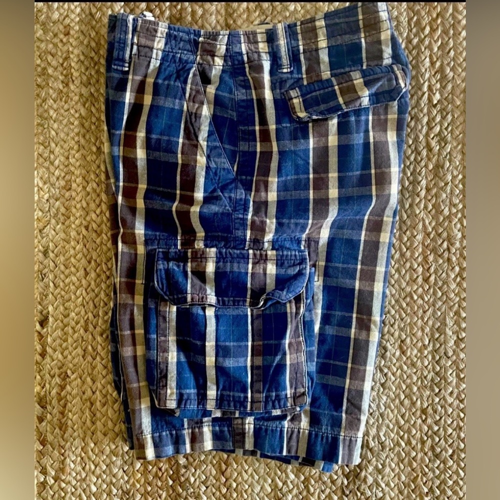 AEROPOSTALE Mens Cargo Shorts Plaid Drawstring Heavy Cotton Sz 34 Measure 36”)